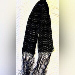 Black voided velvet long 66” neck scarf w/knotted 12” lattice fringe silk/rayon